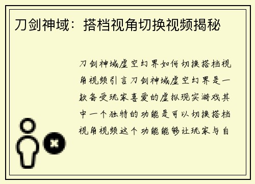 刀剑神域：搭档视角切换视频揭秘